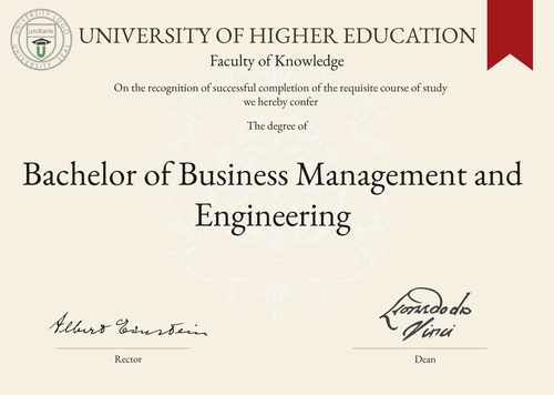 Bachelor of Business Management and Engineering (BBME) program/course/degree certificate example