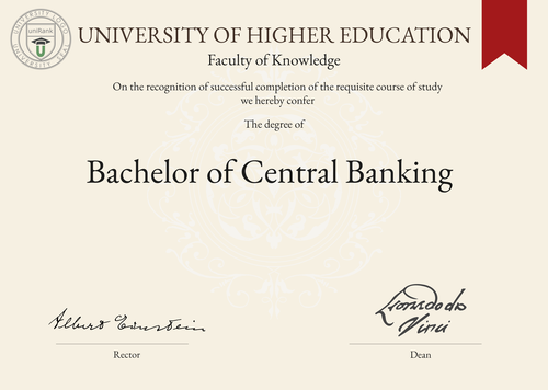 Bachelor of Central Banking (B.CB) program/course/degree certificate example