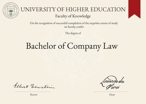 Bachelor of Company Law (BCL) program/course/degree certificate example