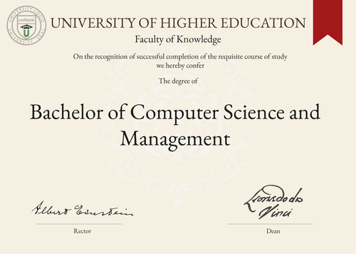 Bachelor of Computer Science and Management (BSc in Computer Science and Management) program/course/degree certificate example