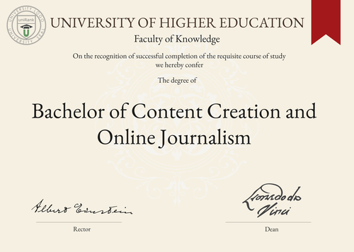 Bachelor of Content Creation and Online Journalism (BCCOJ) program/course/degree certificate example