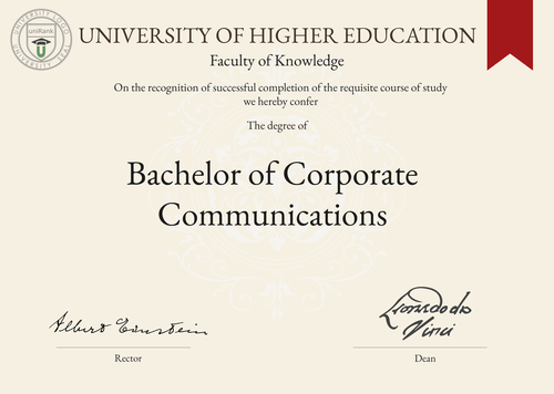 Bachelor of Corporate Communications (BCC) program/course/degree certificate example