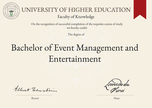 Bachelor of Event Management and Entertainment (BEME) program/course/degree certificate example