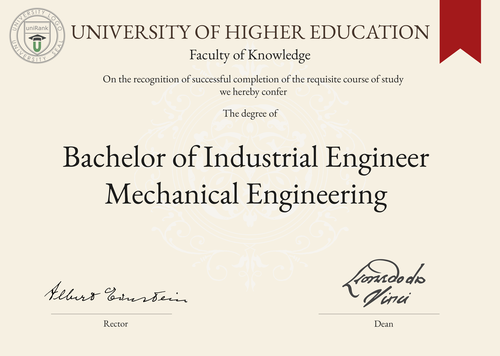 Bachelor of Industrial Engineer Mechanical Engineering (B.Eng. in Industrial Engineer Mechanical Engineering) program/course/degree certificate example