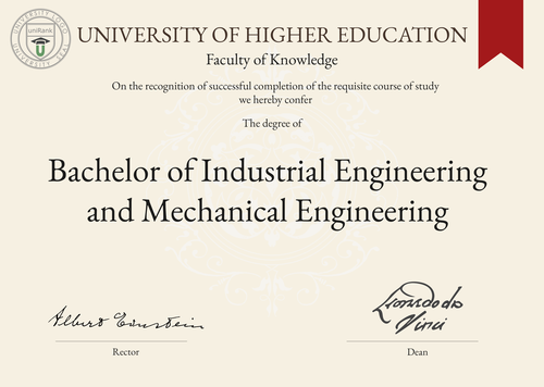 Bachelor of Industrial Engineering and Mechanical Engineering (B.Eng. in Industrial and Mechanical Engineering) program/course/degree certificate example