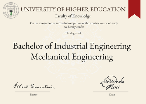 Bachelor of Industrial Engineering Mechanical Engineering (B.Eng. in Industrial Engineering Mechanical Engineering) program/course/degree certificate example