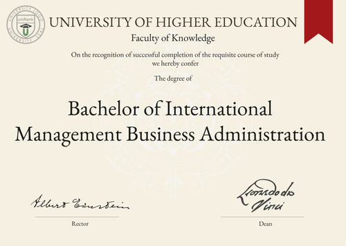 Bachelor of International Management Business Administration (BIMBA) program/course/degree certificate example