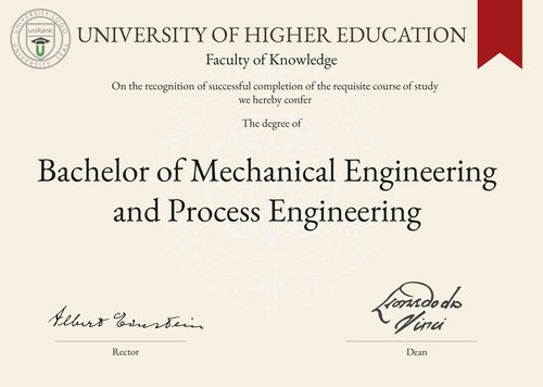 Bachelor of Mechanical Engineering and Process Engineering (BEng in Mechanical Engineering and Process Engineering) program/course/degree certificate example