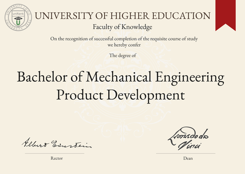 Bachelor of Mechanical Engineering Product Development (BEng in Mechanical Engineering Product Development) program/course/degree certificate example