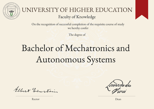 Bachelor of Mechatronics and Autonomous Systems (B.MAS) program/course/degree certificate example