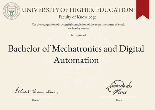 Bachelor of Mechatronics and Digital Automation (B.Eng. in Mechatronics and Digital Automation) program/course/degree certificate example