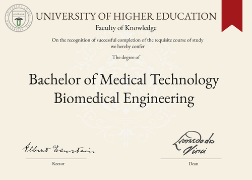 Bachelor of Medical Technology Biomedical Engineering (BMTBE) program/course/degree certificate example