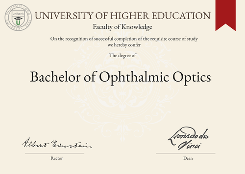 Bachelor of Ophthalmic Optics (BOptom) program/course/degree certificate example