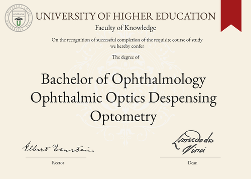 Bachelor of Ophthalmology Ophthalmic Optics Despensing Optometry (B.Opt.) program/course/degree certificate example