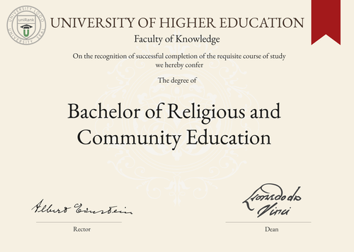 Bachelor of Religious and Community Education (B.R.C.E.) program/course/degree certificate example