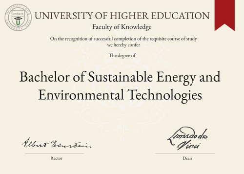 Bachelor of Sustainable Energy and Environmental Technologies (BSEET) program/course/degree certificate example