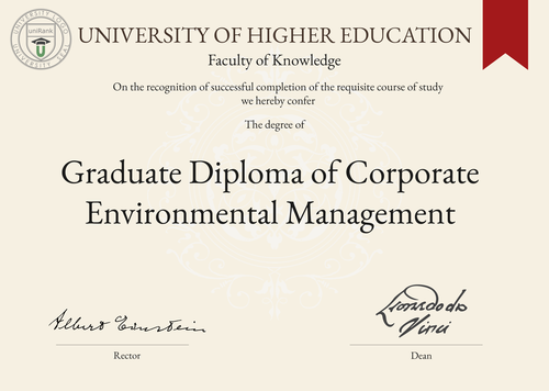 Graduate Diploma of Corporate Environmental Management (GradDipCEM) program/course/degree certificate example