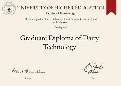 Graduate Diploma of Dairy Technology (Grad. Dip. Dairy Technology) program/course/degree certificate example