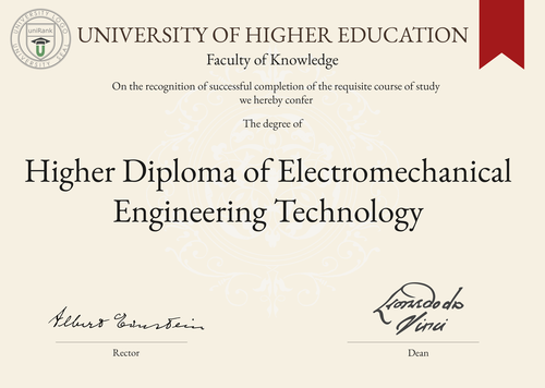 Higher Diploma of Electromechanical Engineering Technology (Higher Dip. Electromechanical Eng. Tech.) program/course/degree certificate example