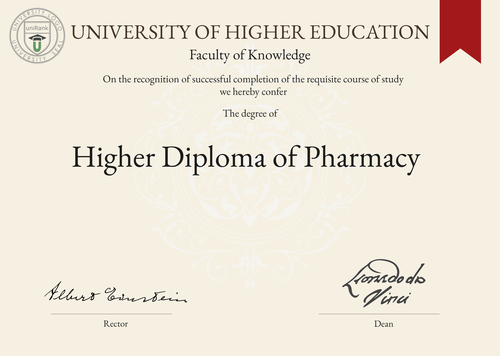 Higher Diploma of Pharmacy (DPharm) program/course/degree certificate example