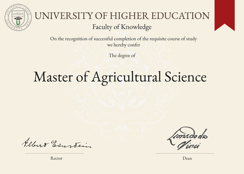 Master of Agricultural Science (MAS) program/course/degree certificate example