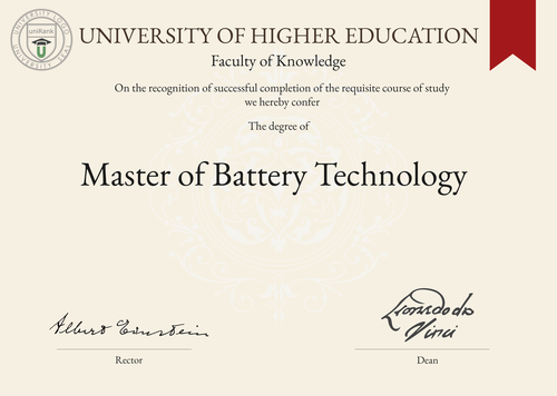 Master of Battery Technology (M.B.T.) program/course/degree certificate example