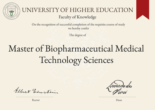 Master of Biopharmaceutical Medical Technology Sciences (M.BMTS) program/course/degree certificate example