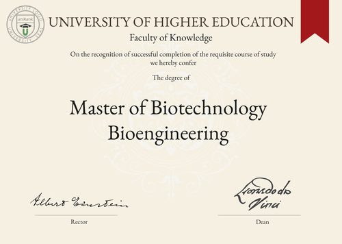 Master of Biotechnology Bioengineering (M.Bio.BE) program/course/degree certificate example