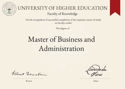 Master of Business and Administration (MBA) program/course/degree certificate example