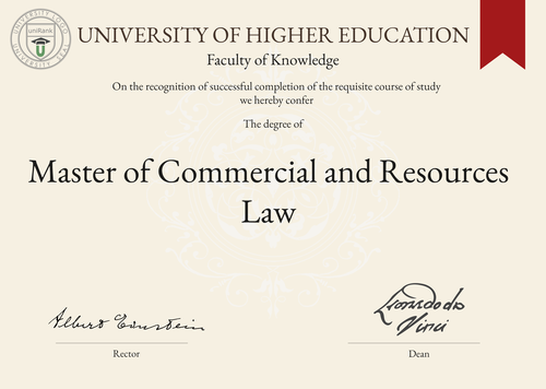 Master of Commercial and Resources Law (M.C.R.L.) program/course/degree certificate example