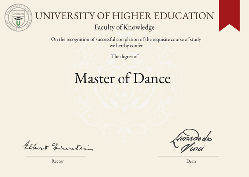 Master of Dance (MD) program/course/degree certificate example