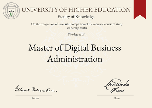 Master of Digital Business Administration (MDBA) program/course/degree certificate example