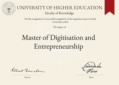 Master of Digitisation and Entrepreneurship (MDE) program/course/degree certificate example