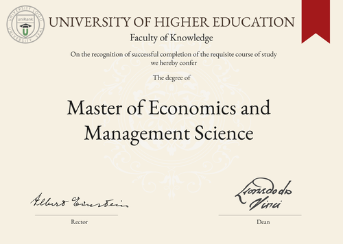 Master of Economics and Management Science (M.Econ.Mgmt.Sc.) program/course/degree certificate example