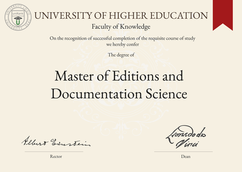 Master of Editions and Documentation Science (M.Ed.D.S.) program/course/degree certificate example