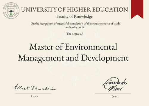 Master of Environmental Management and Development (MEMD) program/course/degree certificate example