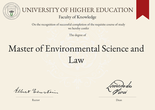 Master of Environmental Science and Law (MESL) program/course/degree certificate example