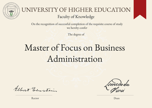 Master of Focus on Business Administration (MBA) program/course/degree certificate example