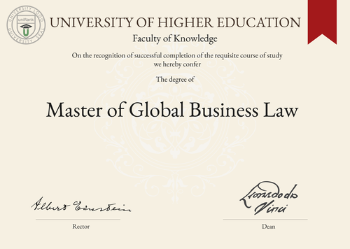 Master of Global Business Law (MGBL) program/course/degree certificate example