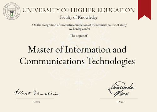 Master of Information and Communications Technologies (MICT) program/course/degree certificate example