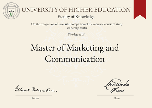 Master of Marketing and Communication (MMC) program/course/degree certificate example