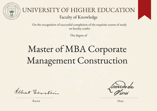 Master of MBA Corporate Management Construction (MBA CM Construction) program/course/degree certificate example