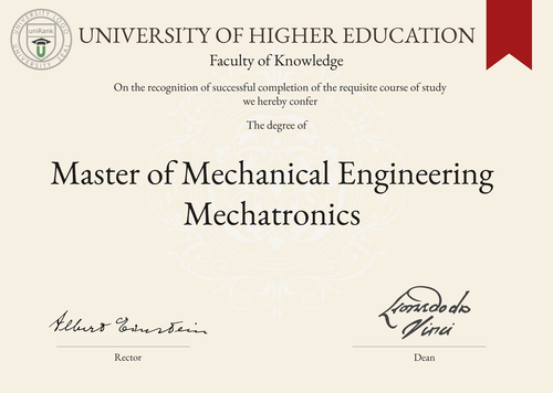 Master of Mechanical Engineering Mechatronics (M.Eng. Mechatronics) program/course/degree certificate example