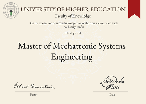 Master of Mechatronic Systems Engineering (MSE) program/course/degree certificate example