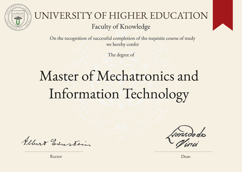 Master of Mechatronics and Information Technology (MMIT) program/course/degree certificate example