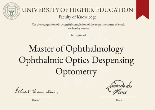 Master of Ophthalmology Ophthalmic Optics Despensing Optometry (M.O.O.O.D.O.) program/course/degree certificate example