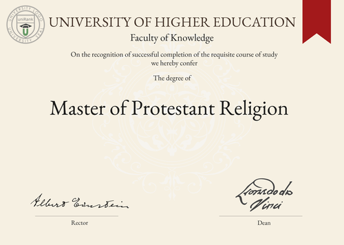 Master of Protestant Religion (M.P.R.) program/course/degree certificate example