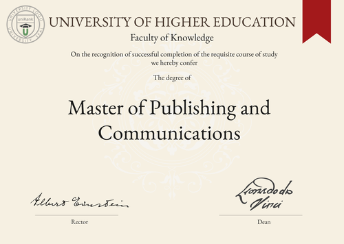 Master of Publishing and Communications (MPC) program/course/degree certificate example