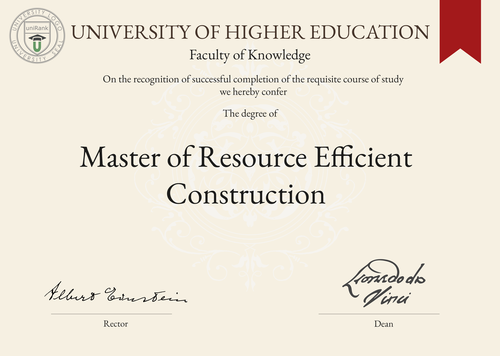 Master of Resource Efficient Construction (MREC) program/course/degree certificate example