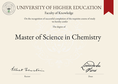 Master of Science in Chemistry (MSc Chemistry) program/course/degree certificate example